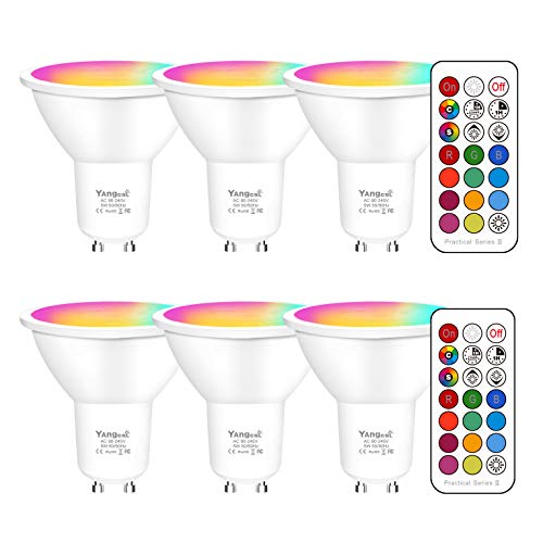 Book Cover Yangcsl Dimmable 3W GU10 RGB LED Light Bulbs Uniform Color Changing Spotlight Mood Ambiance Lighting with Remote Control,45 Degree and Memory (Pack of 6)
