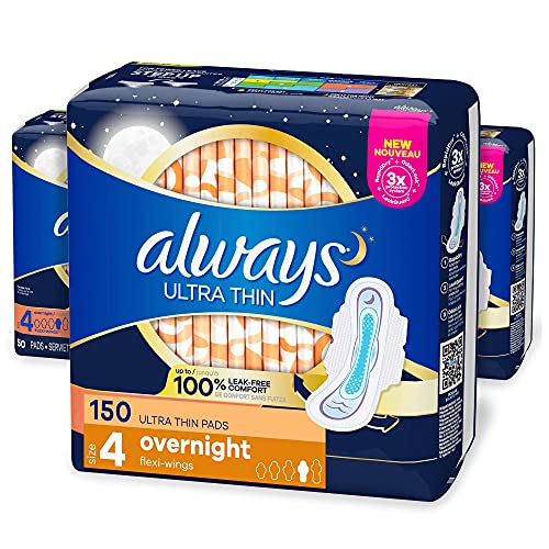 Book Cover Always Ultra Thin, Size 4, Overnight Pads With Wings, Unscented, 50 Count (Pack of 3)