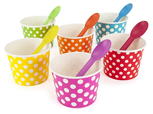 Book Cover Rainbow Paper Polka Dot Ice Cream Cups 12 oz (qty 60) & Matching Plastic Spoons (qty 60) Set (by BrightandBold)