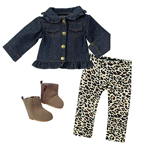 Book Cover Sophia's 18 Inch Doll Outfit Fall Fashion with Ruffle Denim Jacket, Leopard Print Leggings and Brown Ankle Boots | Doll Not Included