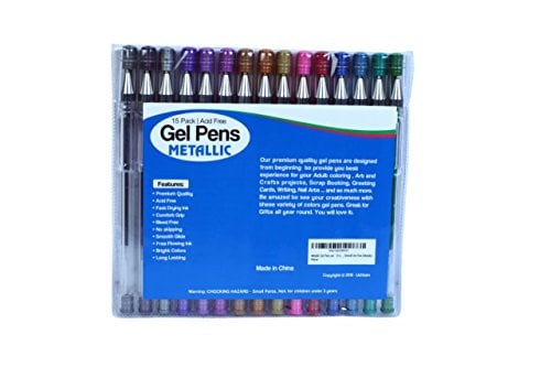 Book Cover Metallic Gel Pens set - 15 Unique colors pens with Case from Uchtam -Best suited for Adult coloring book and Gifts. Non-Toxic, Long Lasting Ink, Acid Free, Smooth Ink Flow