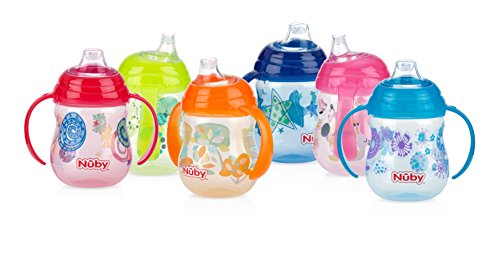 Book Cover Nuby 1-Pack Designer Series No-Spill Clik-It Grip n' Sip Soft Flex Spout Cup, 9 Ounce - Colors May Vary