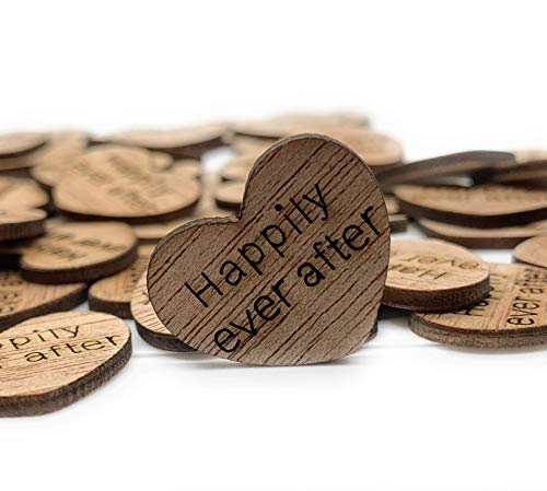 Book Cover Wooden Heart Confetti ~ Happily Ever After ~ Wood Hearts, Wood Confetti Engraved Love Hearts- Rustic Wedding Decor (100 count)
