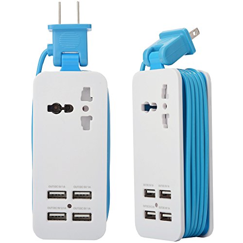 Book Cover Mini USB Power Strip, 4 Port USB charger station 5V 2.1A-1A 21W Travel Charging Strip Outlets 5ft Extension Power Supply Cord With Universal Flat Wall Plug 100V-240V Input USB Power Sockets (Blue)