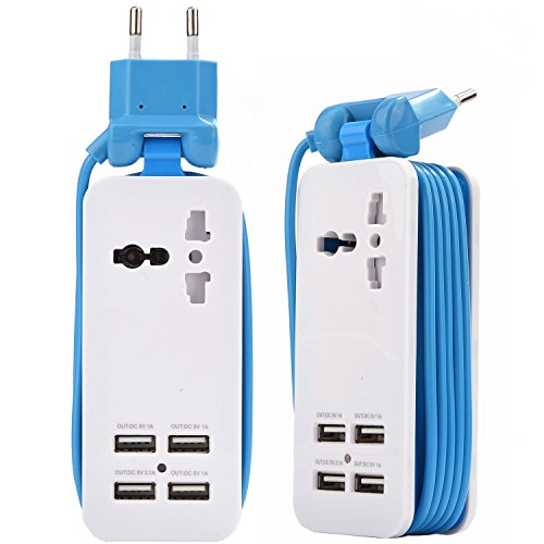 Book Cover Europe USB Power Strip with 4 Ports USB Charging Station Outlets 5V 2.1A-1A 21W Universal Socket EU Plug 100V-240V Compact 5ft Extension Cord Portable Electric Power Strip for Traveling (Blue)