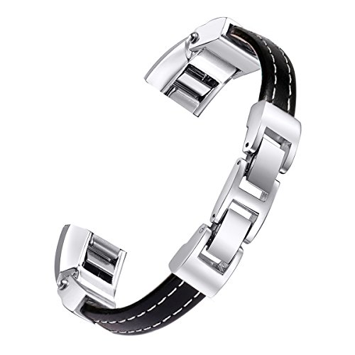 Book Cover bayite Leather Bands Compatible with Fitbit Alta and Alta HR, Adjustable Metal Buckle Leather Wristband, Black Small 5.5