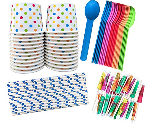 Book Cover Ice Cream Sundae Kit - 12 Ounce Polka Dot Paper Treat Cups -Heavyweight Plastic Spoons - Paper Straws - Paper Umbrellas - 24 Each - Blue, Pink, Orange, Yellow, Green