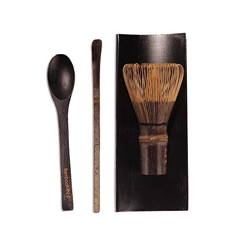 Book Cover BambooMN Brand - 1 Set - Black Chasen (Tea Whisk) + BLack Tray + Black Chashaku (Hooked Bamboo Scoop) for preparing Matcha + Black Tea Spoon by BambooMN