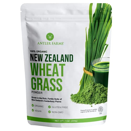 Book Cover Antler Farms - 100% Pure, Organic, New Zealand Wheatgrass Powder, 40 Servings, 200g - Raw, Vegan, Gluten Free, Nutrient Rich, High Chlorophyll Wheat Grass, Detox, Essential Amino Acids, Minerals