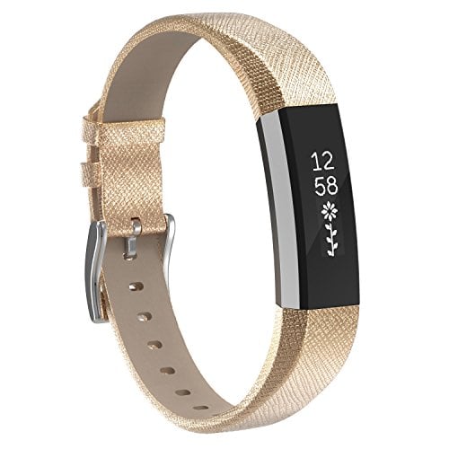 Book Cover Henoda Replacemnt Leather Bands Compatible with Fitbit Alta/Fitbit Alta HR, Gold Classic Genuine Leather Wristband, Small Large, No Tracker