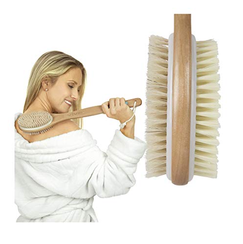 Book Cover Vive Shower Brush - Dry Skin Body Exfoliator - Shower and Bath Scrubber For Wash Brushing, Exfoliating, Cellulite, Foot Scrub, Leg Exfoliant w/Soft and Stiff Massage Bristles - Wooden Long Handle