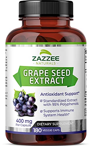 Book Cover Zazzee Grape Seed 50:1 Extract 20,000 mg Strength, 180 Vegan Capsules, 95% Polyphenols, 6 Month Supply, Potent Antioxidant Support, 400 mg per Capsule, 100% Pure, Non-GMO, All-Natural, Made in the USA