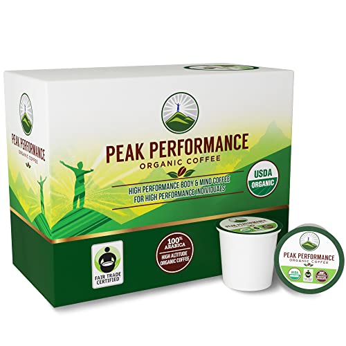 Book Cover Organic Coffee Pods - Peak Performance High Altitude Organic Coffee. Coffee for High Performance Individuals. Fair Trade, Low Acid, Organic Beans Medium Roast. Single Serve 24 Coffee Pods, Cups