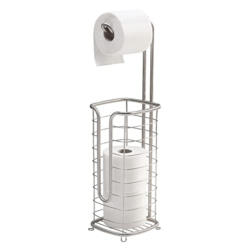 Book Cover mDesign Free Standing Toilet Paper Holder Stand and Dispenser, with Storage for 3 Spare Rolls of Toilet Tissue While Dispensing 1 Roll - for Bathrooms/Powder Rooms - Holds Mega Rolls - Satin