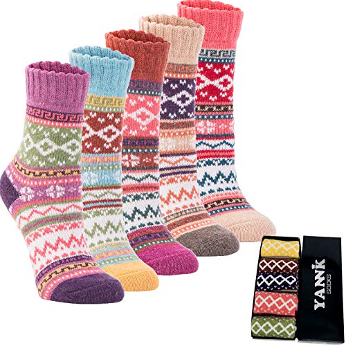 Book Cover Yannik Women's 5 Pair Pack Vintage Style Cotton Knitting Wool Winter Crew Socks