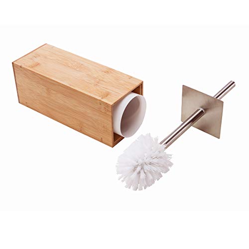 Book Cover GOBAM Toilet Brush and Holder Stainless Steel Handle and Lid for All Toilet Types with Sanitary Storage,Bamboo (Natural)