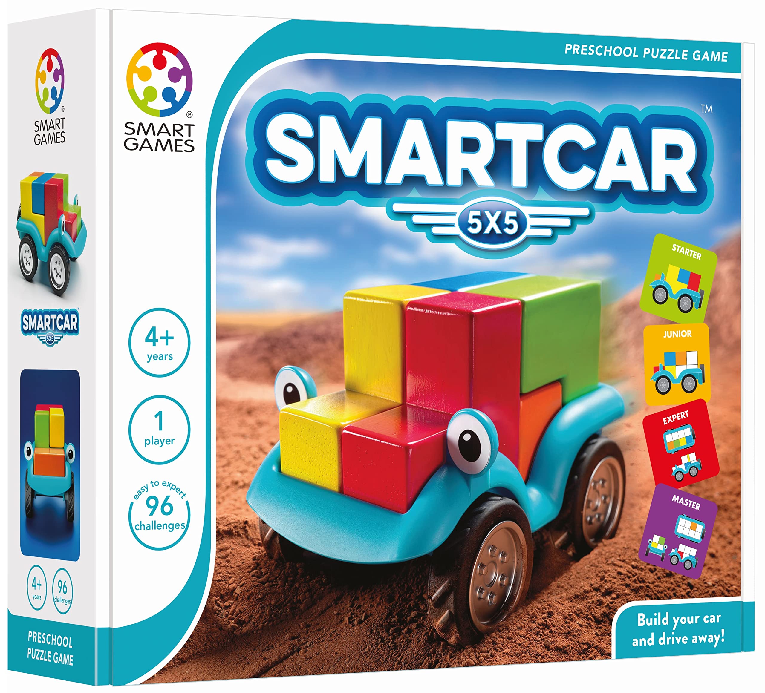 Book Cover SmartGames Smart Car 5 x 5 Wooden Cognitive Skill-Building Puzzle Game Featuring 96 Playful Challenges for Ages 4+