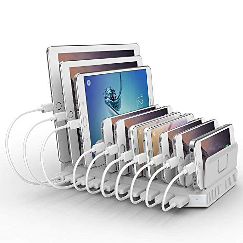 Book Cover iPad Charging Station 96W 10-Port Alxum USB Charging Station Multiple Device USB Charger with Smart IC Tech, Organizer Stand for iPhone X, Xs Max,8,7,6, Samsung Google Nexus LG, Tablets, White