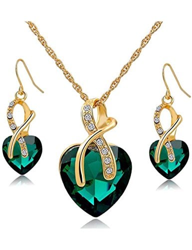 Book Cover Gift! Gold Plated necklace Sets For Women Crystal Heart Necklace Earrings Jewellery Set Bridal Wedding Accessories (Green)