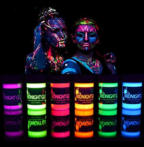Book Cover UV Neon Face & Body Paint Glow Kit (6 Bottles 0.75 oz. Each) - Top Rated Blacklight Reactive Fluorescent Paint - Safe, Washable, Non-Toxic, By Midnight Glo