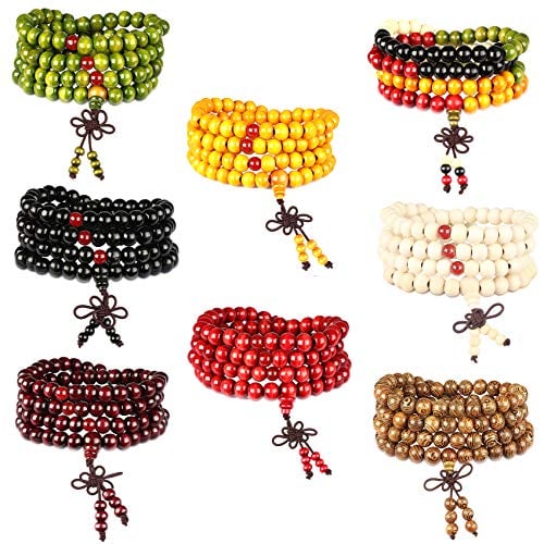Book Cover Besteel 3-8 PCS Mens Womens Wood Necklace Chain Bracelets 108 Buddhist Strand Wood Prayer Beads Sandalwood Link Wrist
