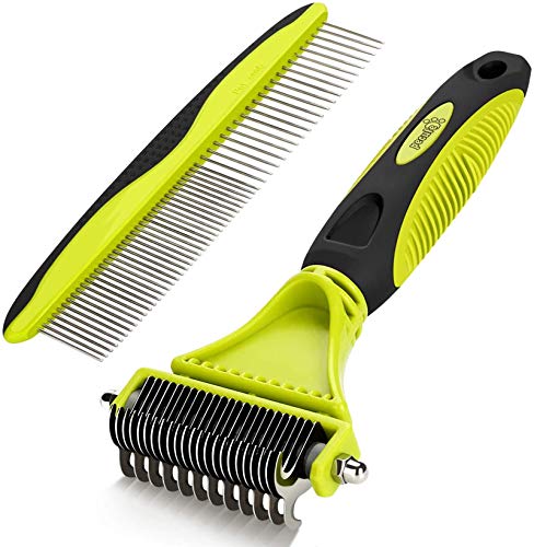 Book Cover Pecute Dematting Comb Tool Kit - Double Sided Blade Rake Comb + Grooming Brush - Removes Loose Undercoat, Knots, Mats and Tangled Hair