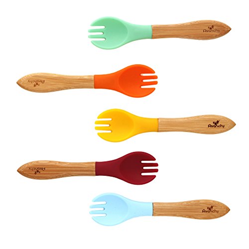 Book Cover Avanchy Bamboo Baby Forks Set - BPA Forks - Bamboo and Silicone Toddler Fork - 5.5
