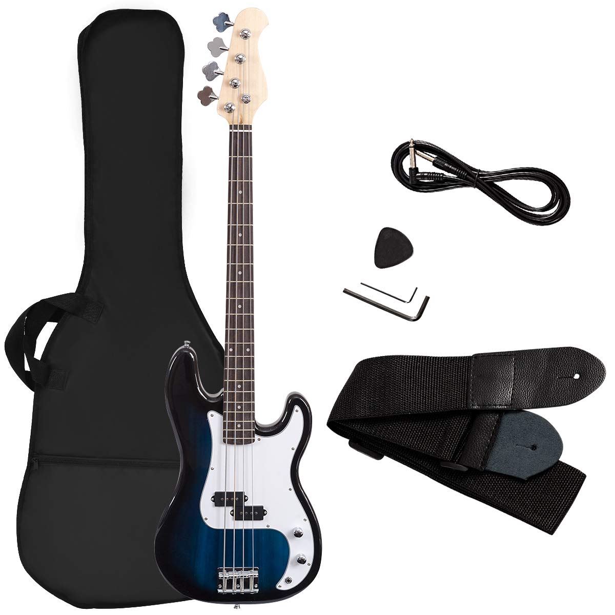 Book Cover Goplus Electric Bass Guitar Full Size 4 String with Strap Guitar Bag Amp Cord (Blue Bass 4 Straps)