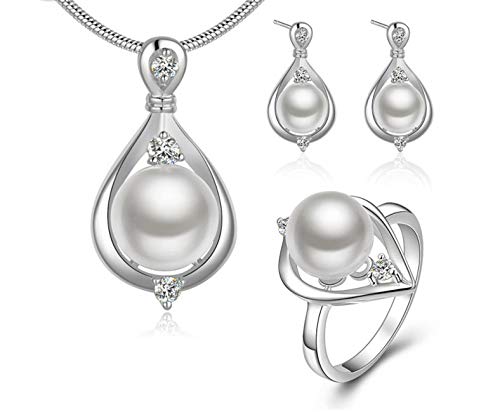 Book Cover ROUSHUN Fashion 925 Sterling Silver Jewelry Set Crystal & Simulated Pearls Ring Earrings Necklace Jewelry Sets for Women