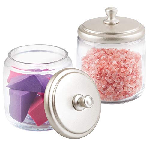 Book Cover mDesign Bathroom Vanity Glass Storage Organizer Canister Apothecary Jars for Cotton Swabs, Rounds, Balls, Makeup Sponges, Blenders, Bath Salts - 2 Pack - Clear/Satin