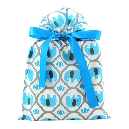 Book Cover Elephants Reusable Fabric Gift Bag for Baby Shower, Child's Birthday, or Any Occasion (Standard 10 Inches Wide by 15 Inches High, Turquoise Blue)