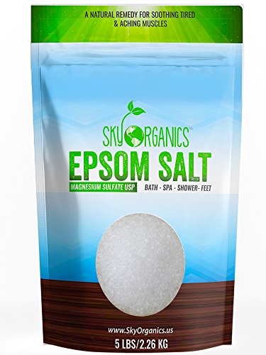 Book Cover Epsom Salt By Sky Organics (5 LBS)- 100% Pure Magnesium Sulfate-Natural, USP Grade, Kosher, Non-GMO - Laxative, Muscle Tension Relief, Foot soak, Soothe Aches, Cleanses Skin. Made in USA