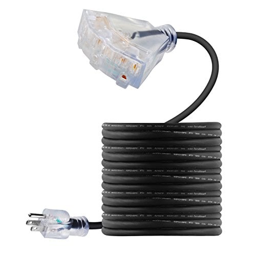 Book Cover 25 FT 14/3 Outdoor Extension Cord - Rubber, Flexible, Triple Outlet, Black Wire with Live Power Light Indicator. 15 Amp