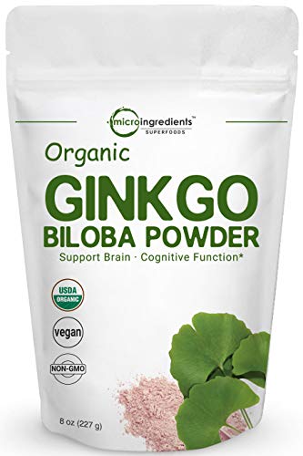 Book Cover Maximum Strength Pure Organic Ginkgo Biloba Powder, 8 Ounce, Powerfully Supports Brain Health, Mental Alertness, Concentration and Focus, No GMOs and Vegan Friendly