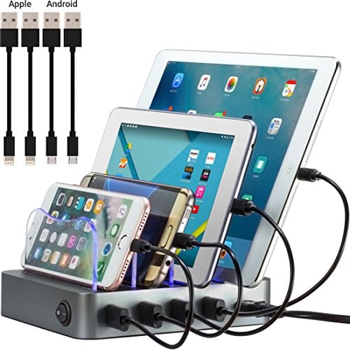 Book Cover Simicore Smart Charging Station Dock & Organizer for Smartphones, Tablets & Other Gadgets - 4-Port Compact Multiple USB Charger & Phone Docking Station with Charging Status Indicator (Space Gray)
