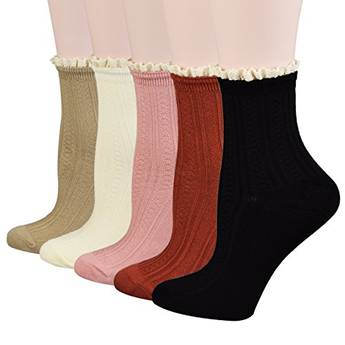 Book Cover FITU Women's Vintage Dress Socks Ruffle Frilly Cute Rayon Lace Trim Socks 5-6 Pairs Pack in Gift Box