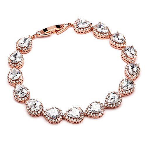 Book Cover Mariell 14K Rose Gold Plated Pear-Shaped Halo Cubic Zirconia Tennis Bracelet - Bridal or Formal Glamour