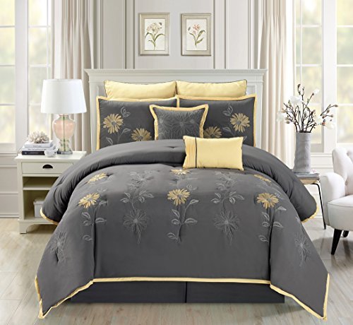 Book Cover Grand Linen 7 Piece Modern Oversize Grey/Yellow Sunflower Embroidered Comforter Set Full Size Bedding