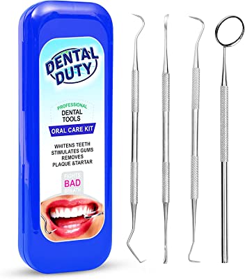 Book Cover Dental Duty Hygiene Kit, Calculus and Plaque Remover Set, Stainless Steel Tarter Scraper, Tooth Pick, Dental Scaler and Mouth Mirror, Dentist Home Use Tools, Blue