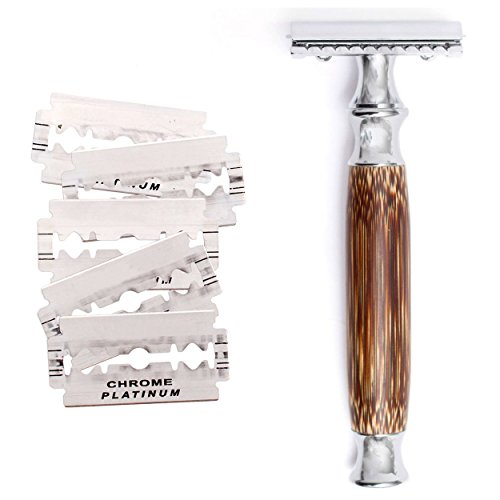 Book Cover Wowe Lifestyle Double Edged Safety Razor with Long Natural Bamboo Wood Handle, Experience A Better Shave, Includes 5 Blades, Eco Friendly Grooming for Men and Women… (Silver)