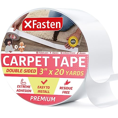 Book Cover XFasten Carpet Tape Double Sided - 3” x 20 yds Carpet Tape for Area Rugs Over Carpet, Outdoor Double Sided Rug Tape for Carpet, Ideal Carpet Tape for Carpet to Carpet, Hardwood Floors, Laminate, Tile