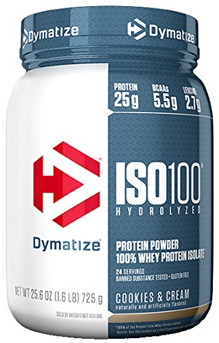 Book Cover Dymatize ISO 100 Whey Protein Powder with 25g of Hydrolyzed 100% Whey Isolate, Gluten Free, Fast Digesting, Cookies and Cream, 1.6 Pound