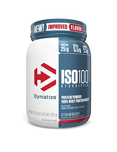 Book Cover Dymatize ISO 100 Whey Protein Powder with 25g of Hydrolyzed 100% Whey Isolate, Gluten Free, Fast Digesting, Strawberry, 1.6 Pound