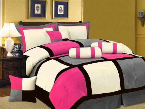 Book Cover Grand Linen Oversize Hot Pink/Black / Grey Comforter Set Micro Suede Patchwork Bed In A Bag QUEEN Size Bedding