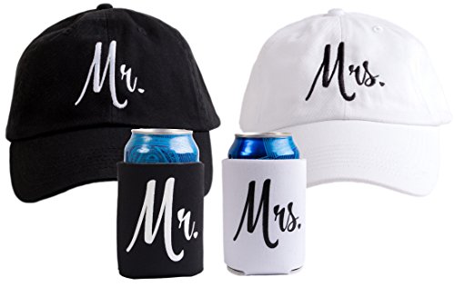 Book Cover Mr. & Mrs. | Matching Newlywed Wedding Baseball Caps and Beer Holder (Coolie)