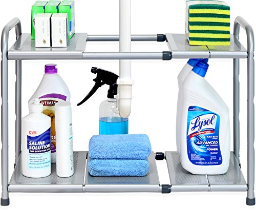 Book Cover SimpleHouseware Under Sink 2 Tier Expandable Shelf Organizer Rack, Silver (expand from 15 to 25 inches)