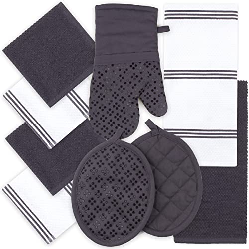 Book Cover Sticky Toffee Oven Mitt & Pot Holders, Cotton Terry Kitchen Dish Towels & Dishcloths, Non-Slip Silicone Surface, Gray, 9 Piece Set