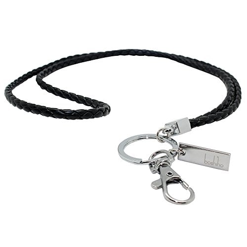 Book Cover Office Lanyard, Boshiho PU Leather Necklace Lanyard with Strong Clip and Keychain for Keys, ID Badge Holder, USB or Cell Phone (Black)