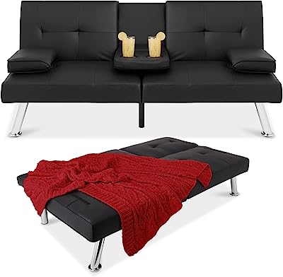Book Cover Best Choice Products Modern Faux Leather Futon Sofa Bed Fold Up & Down Recliner Couch with Cup Holders - Black