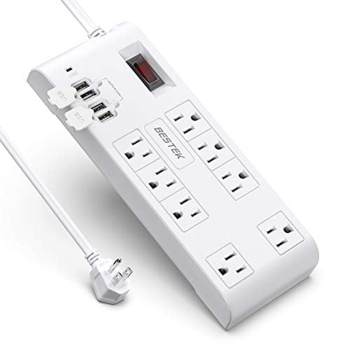 Book Cover BESTEK 8-Outlet 12 Feet Extension Cord Power Strip with USB 15A 1875W Surge Protector with 5V 4.2A 4 USB Charging Port Desktop Charging Station,600Joule,Ultra-Compact Wide Spaced Outlet for Large Plug